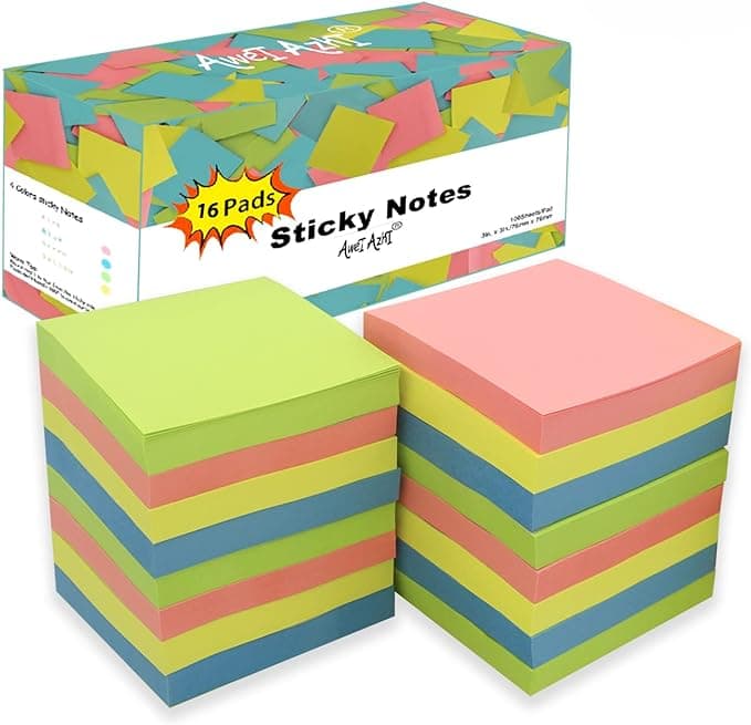 Sticky Notes 3x3, Self-Stick Notes, 16 Pads, 100 Sheets/Pad, Assorted Colors Stickies, Easy to Post Notes for Study, Works, Daily Life (16)