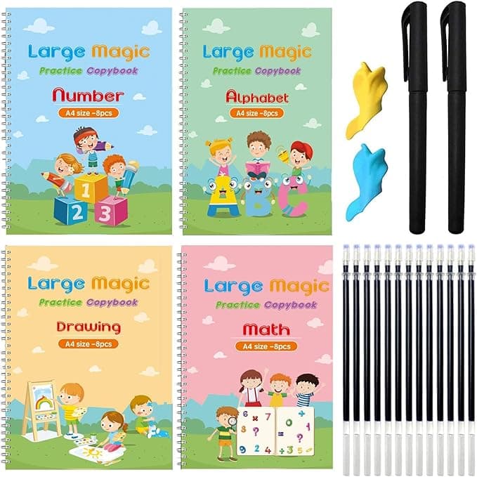 Large Magic Practice Copybook for Kids,Handwriting Practice Book 4 Pack with Pen Refill English Cursive Calligraphy Reusable Age 3-8 ，11.4x8.3Inch (4pc+2 pen)